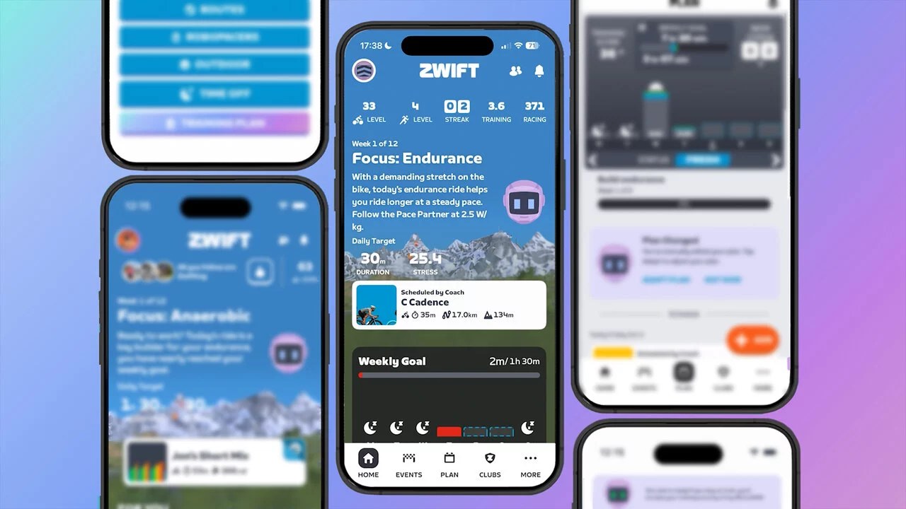 Zwift Companion-app op een telefoon met een persoonlijk Zwift Coach-trainingsplan, focus op duurtraining