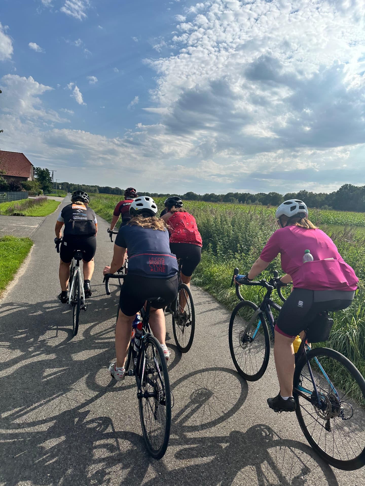 Sfeer van een eerdere Fietsvrouwen-rit: deelneemsters fietsen samen tussen de weilanden