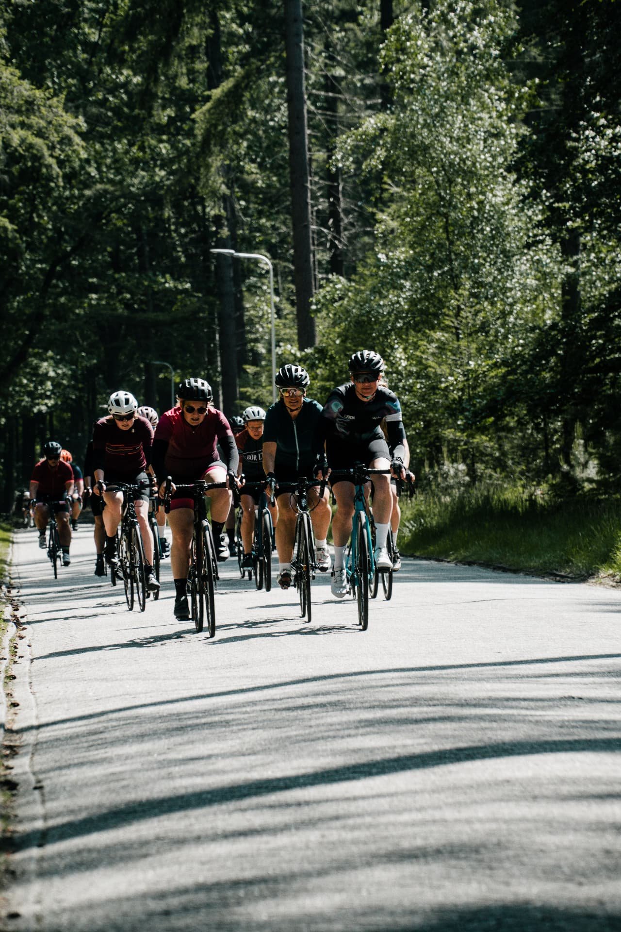 Group of Cyclingwomen together on road bikes during a club ride in Nijverdal