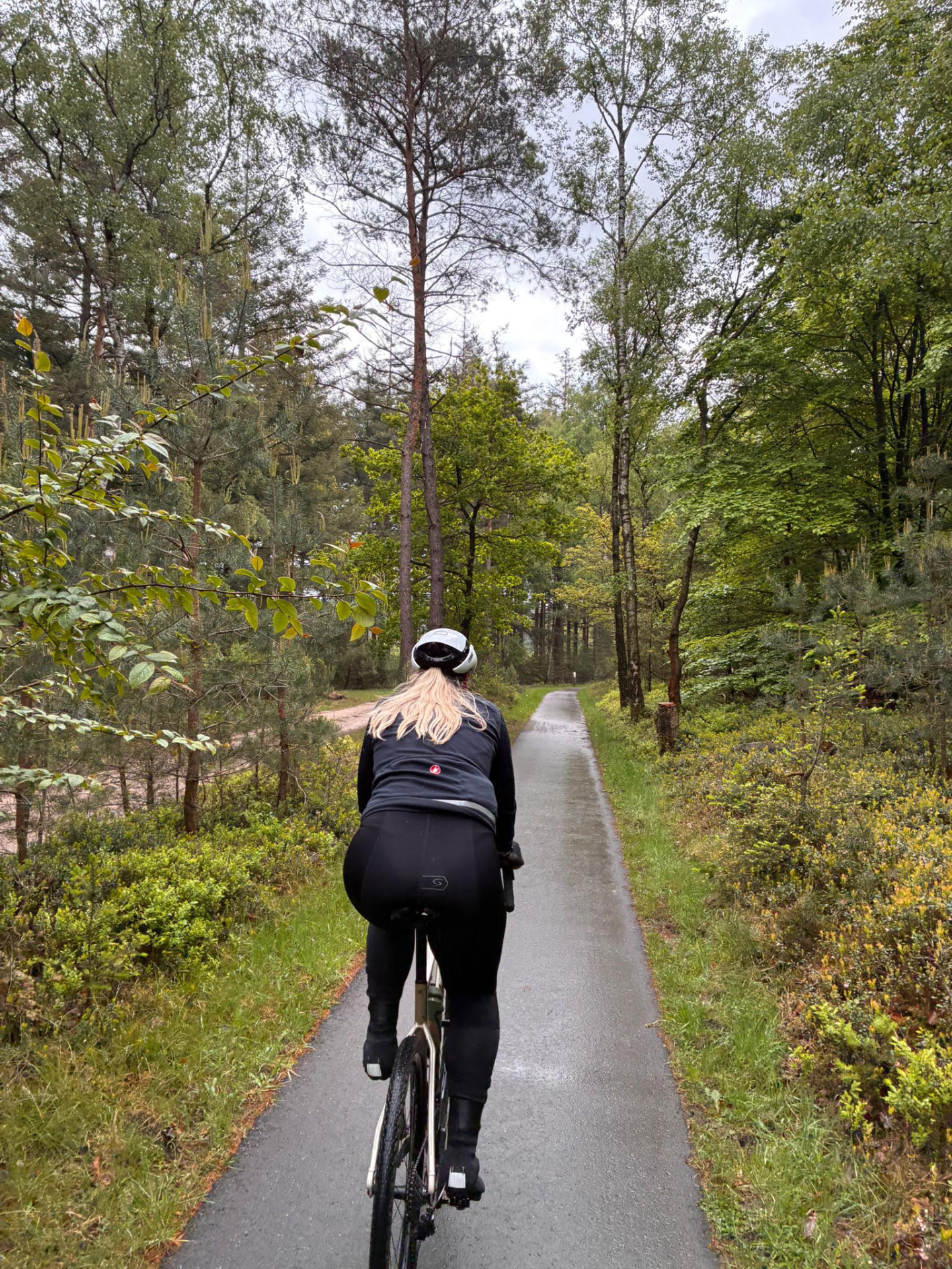 Gravelfietster op een nat fietspad door het bos tijdens Strade Sallandia Haarle