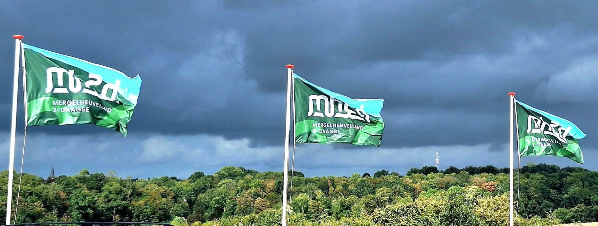 Groene vlaggen van de Mergel Heuvelland 2 Daagse wapperen boven het Limburgse heuvelland