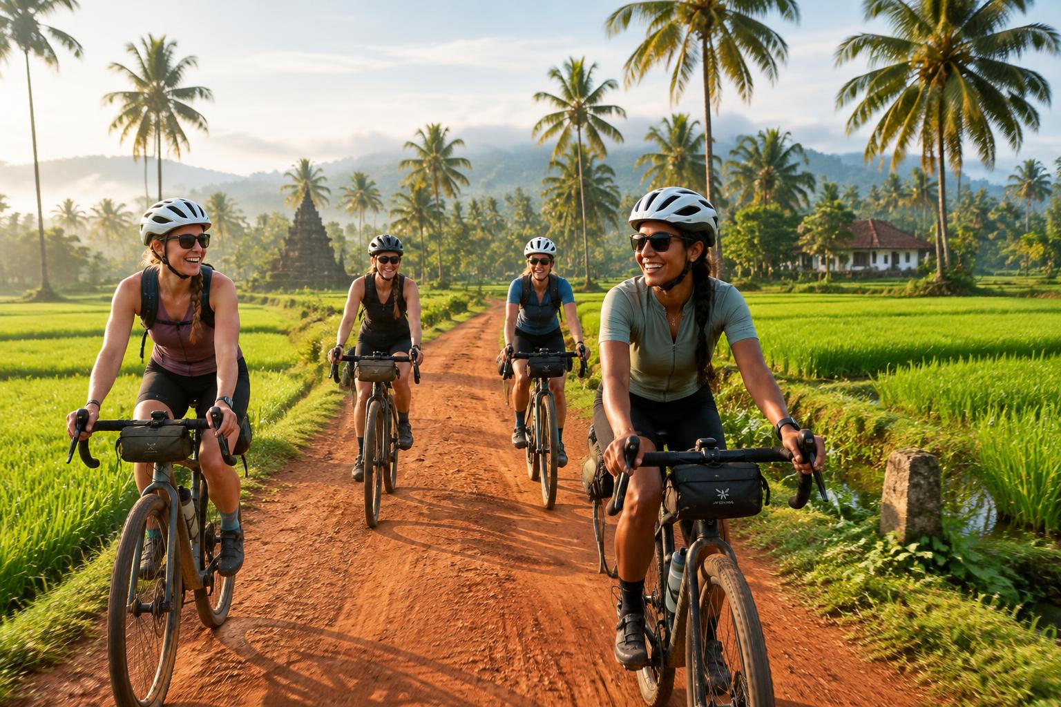 Cyclingwomen graveling through the rice fields of Sri Lanka